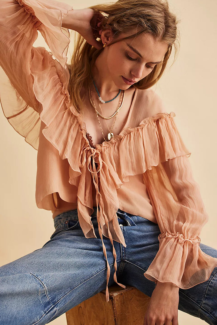 Femme Elegante Volant Bluse med Sløjfe-Detail Stilla