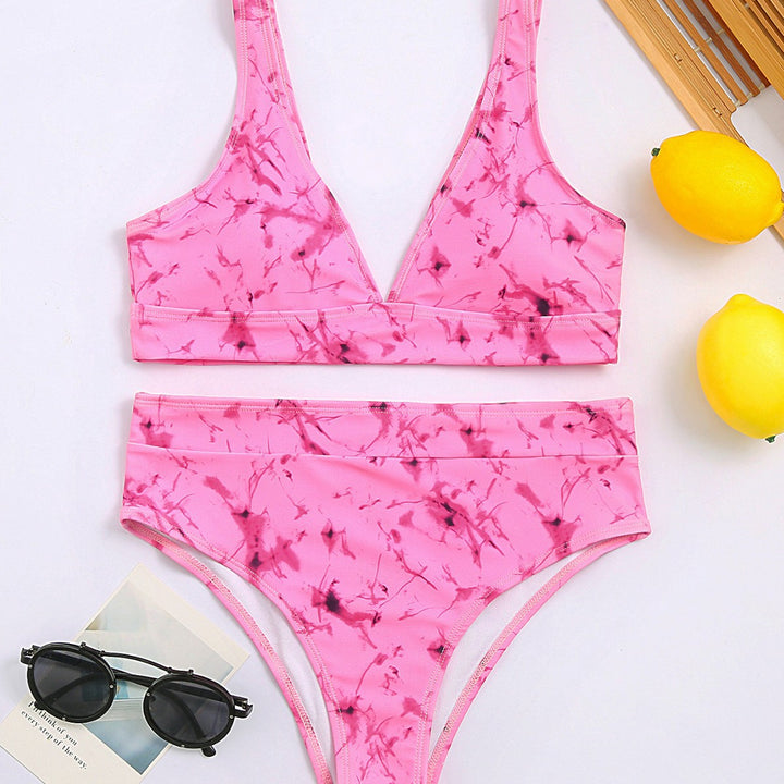 Dame Højtaljet Bikini med trendy Marmorprint og sporty Top Stilla