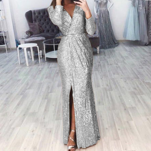 Kvinders lange aftenkjole med elegant omslagdesign og slids Stilla