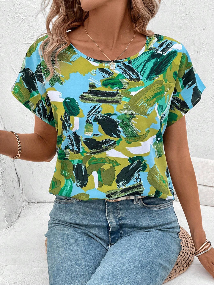 Damer løst T-shirt med kreativt farverigt penselstrøgsdesign Stilla