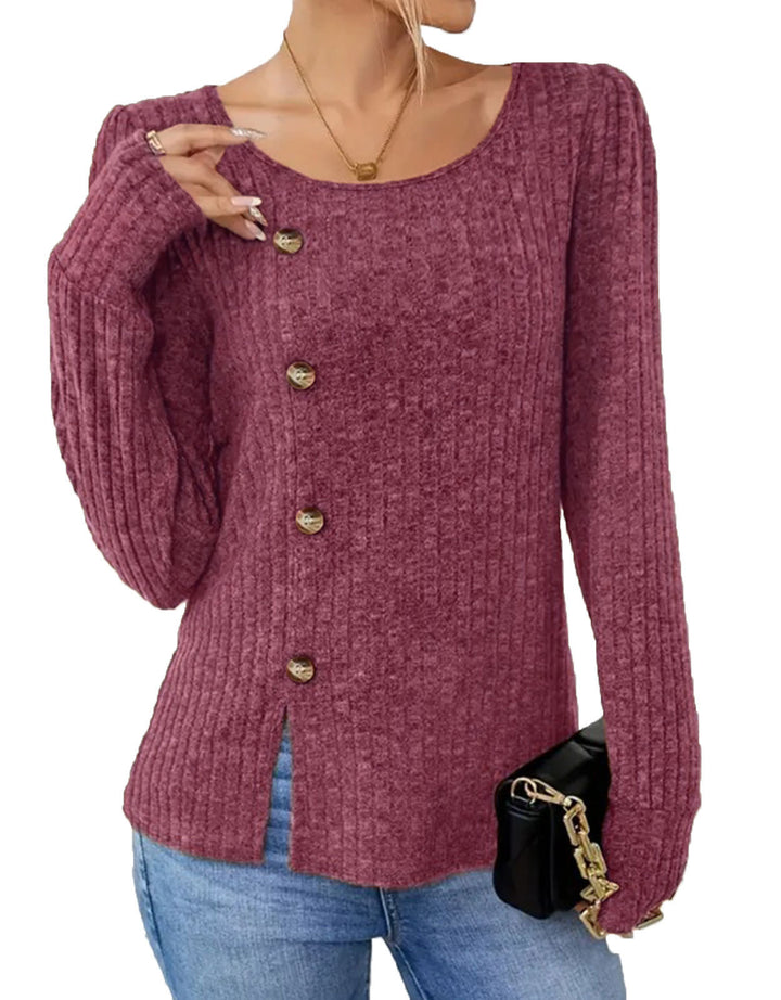 Dame finstrikket pullover med knaplukning og sidelommer Stilla