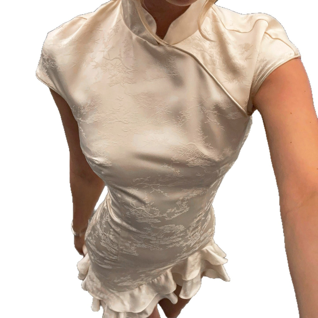 Dame elegant wrap dress with romantic ruffle hem and high collar Skovae