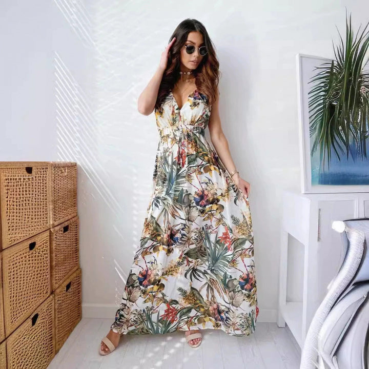 Dame Maxikjole med blomsterprint og figursyet overdel Skovae