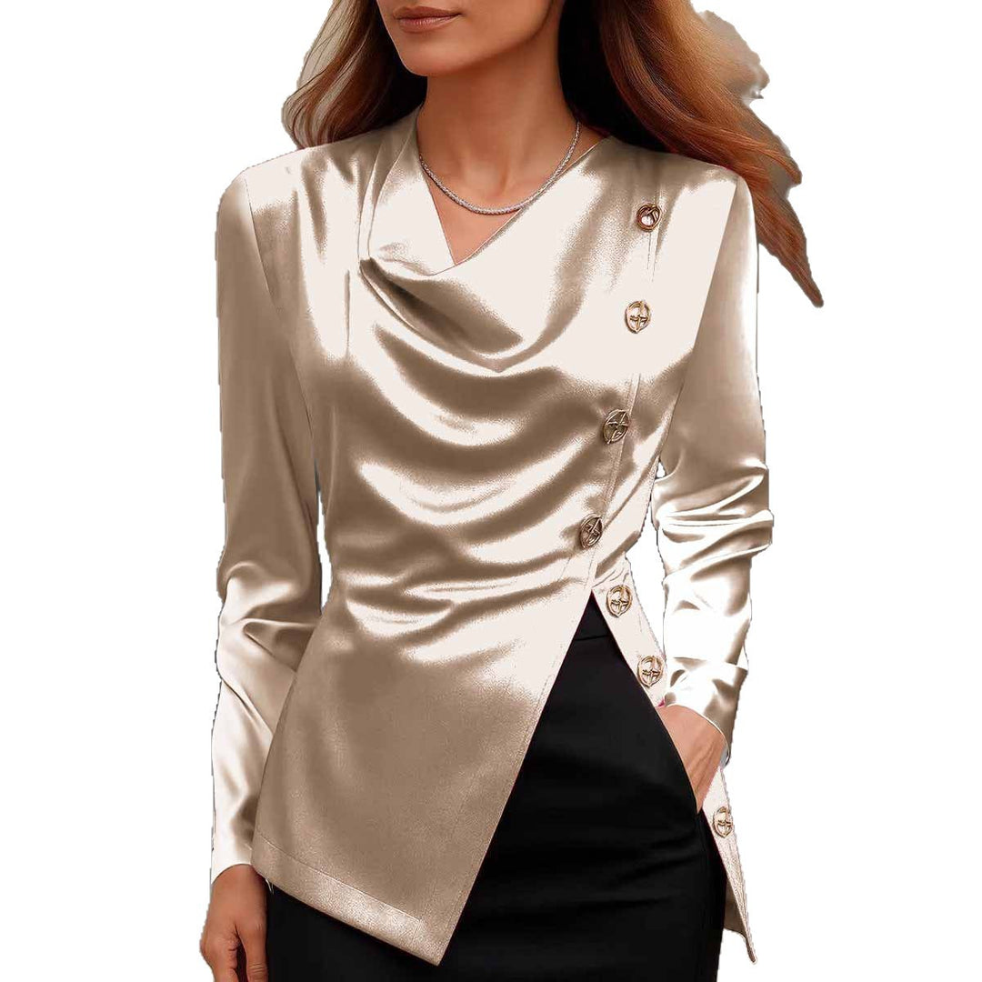 Dame Satin Cowl Neck Bluse med dekorative knapper Stilla
