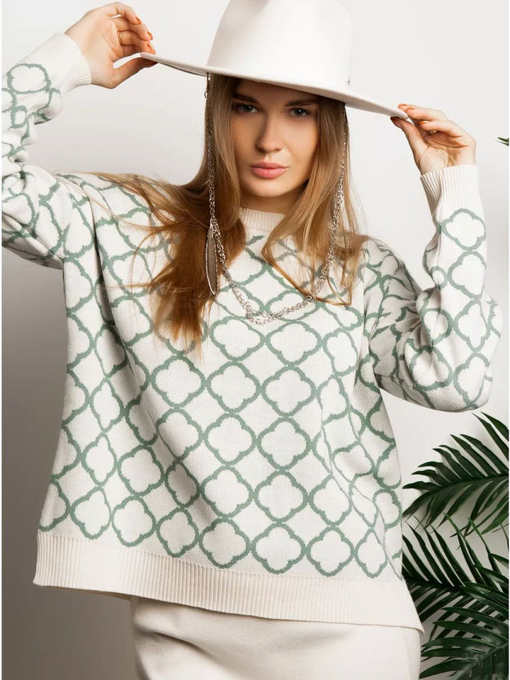 Dame afslappet sweater med stilfuld mønsterblanding og ribbed manchetter Stilla