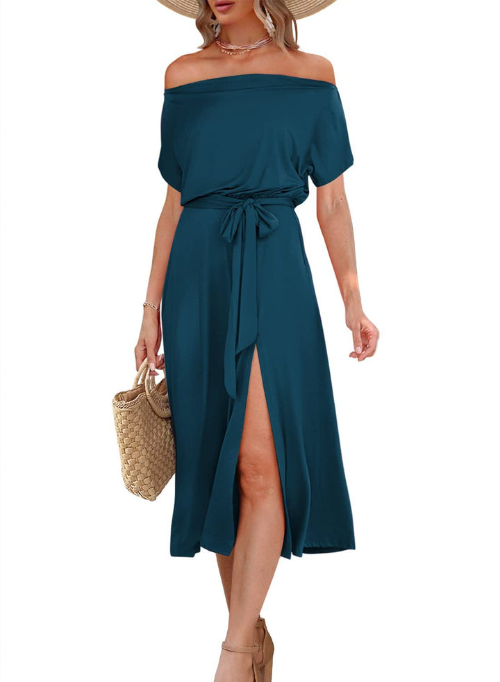 Dame Off-Shoulder Maxi Kjole med Taljebælte Stilla