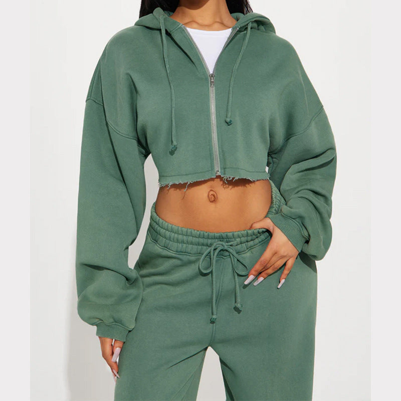Kvinder casual cropped hoodie og brede joggingbukser sæt Skovae