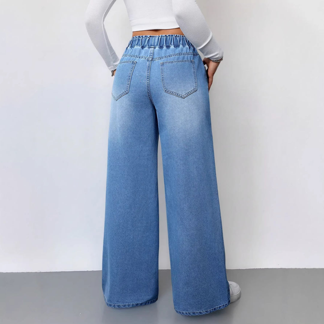Dame brede denimbukser med elastisk talje og praktiske lommer