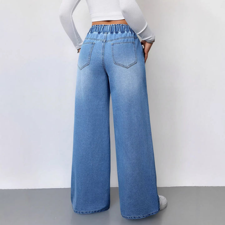 Dame brede denimbukser med elastisk talje og praktiske lommer