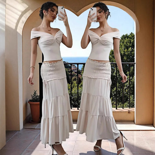 Damer Off-Shoulder Maxi Kjole med Rynket Nederdel og Romantisk Design