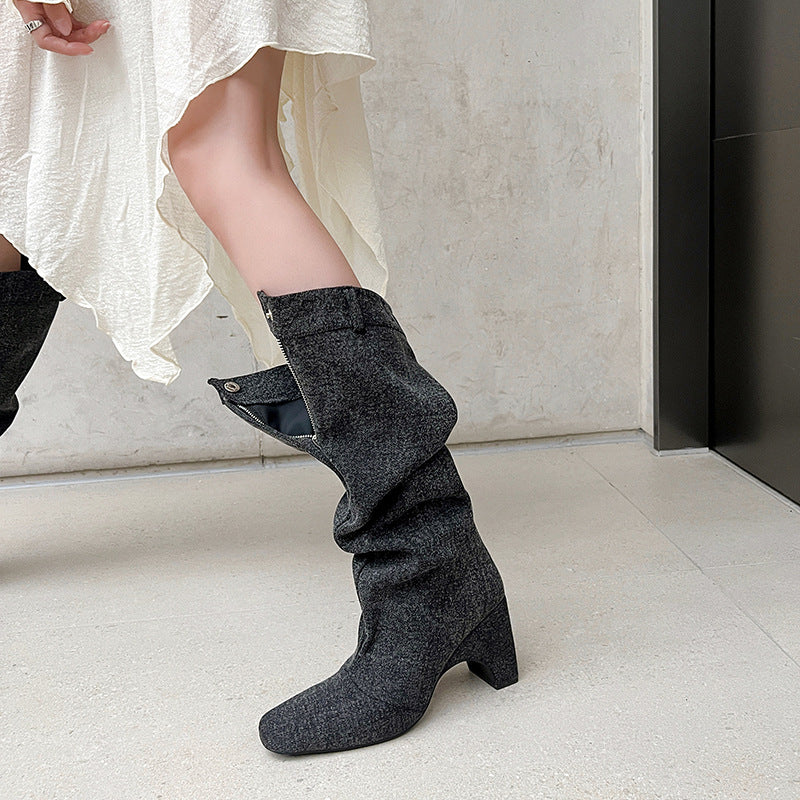 Femme High-Cut Denim Over-knæ Stiletto Støvler Stilla