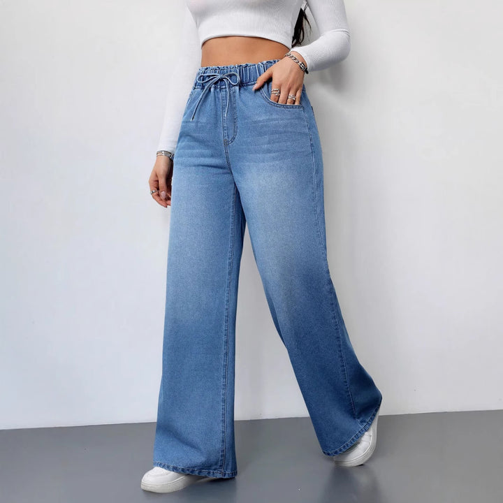 Dame brede denimbukser med elastisk talje og praktiske lommer