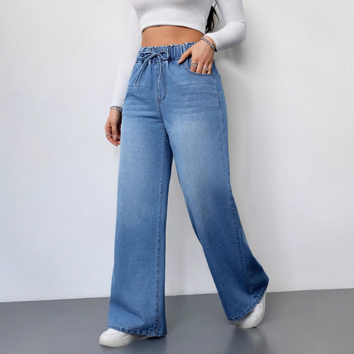 Dame brede denimbukser med elastisk talje og praktiske lommer