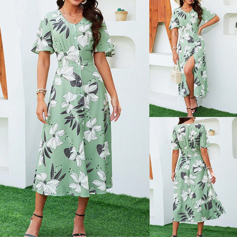 Dame Floral Trykt Midi-Kjole med Knap-Frontdetail Stilla