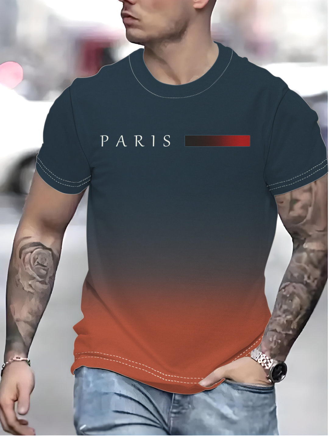 Herrer T-shirt med kreativ farvegradient og stilfuld Paris-tekst Stilla