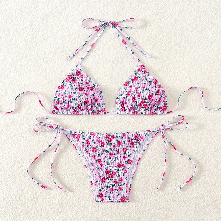 Dame triangle bikini sæt med legende rynk og smukt blomsterdesign Skovae