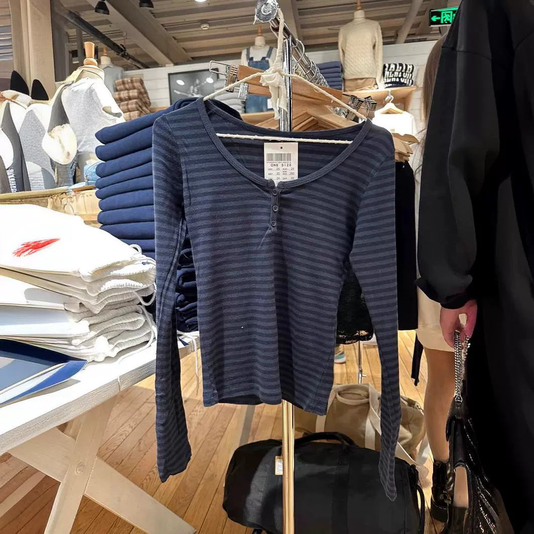 Kvinders langærmet Henley skjorte med fine striber Stilla