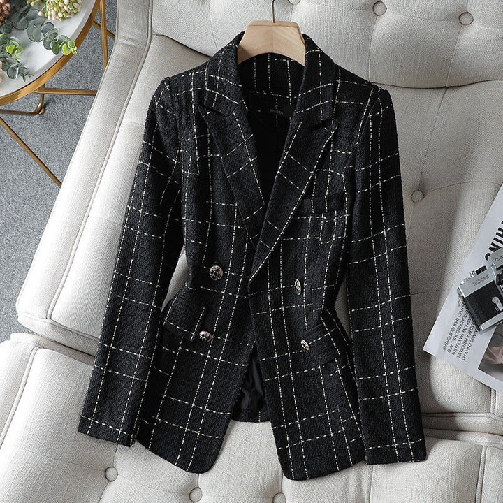 Stilla | Blazer Figurskærer Tweed Tekstur Dobbeltknap Karo Mønster