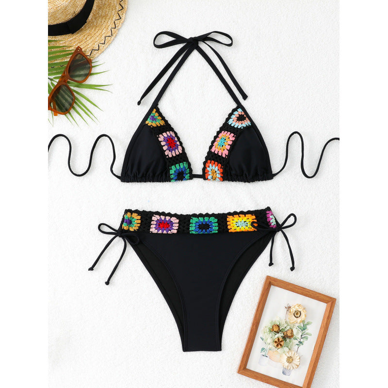 Dame triangel-bikini med hæklede detalje og justerbare stropper Stilla