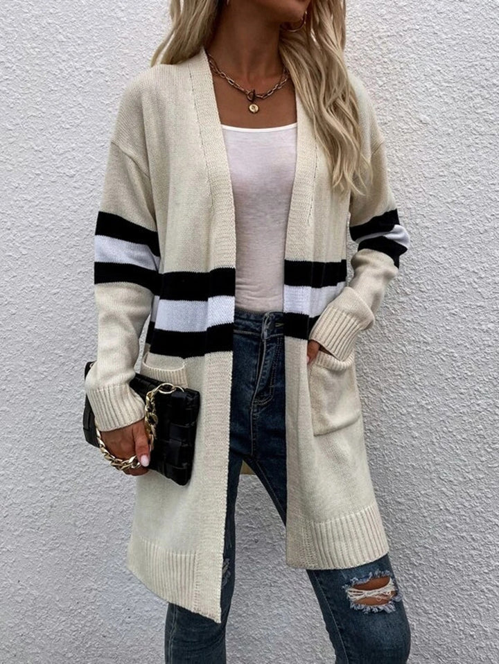 Kvinders chunky strikket cardigan med afslappede striber og dybe lommer Stilla