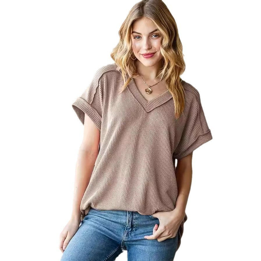Dame V-hals top i vaffelstrikdesign Stilla