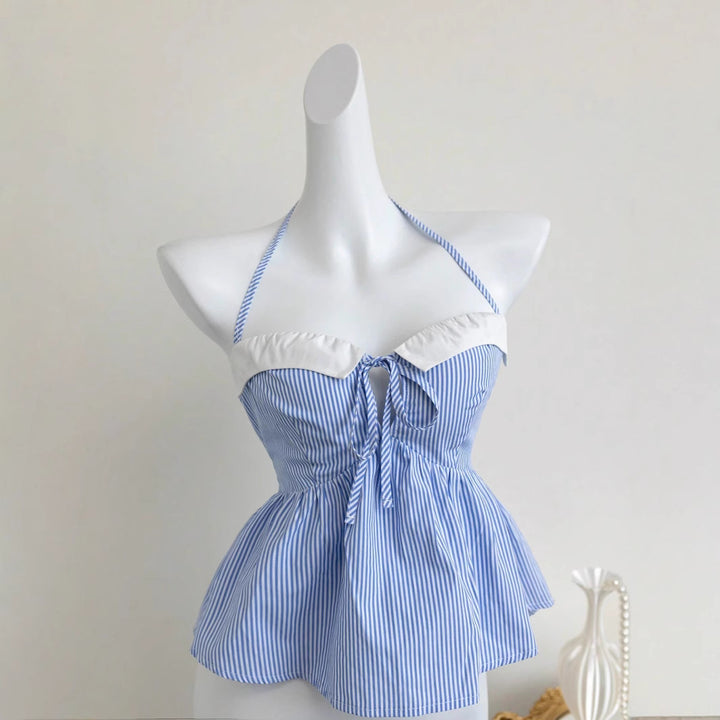 Dame leges blouse med stribet design og flot sløjfebinding Skovae