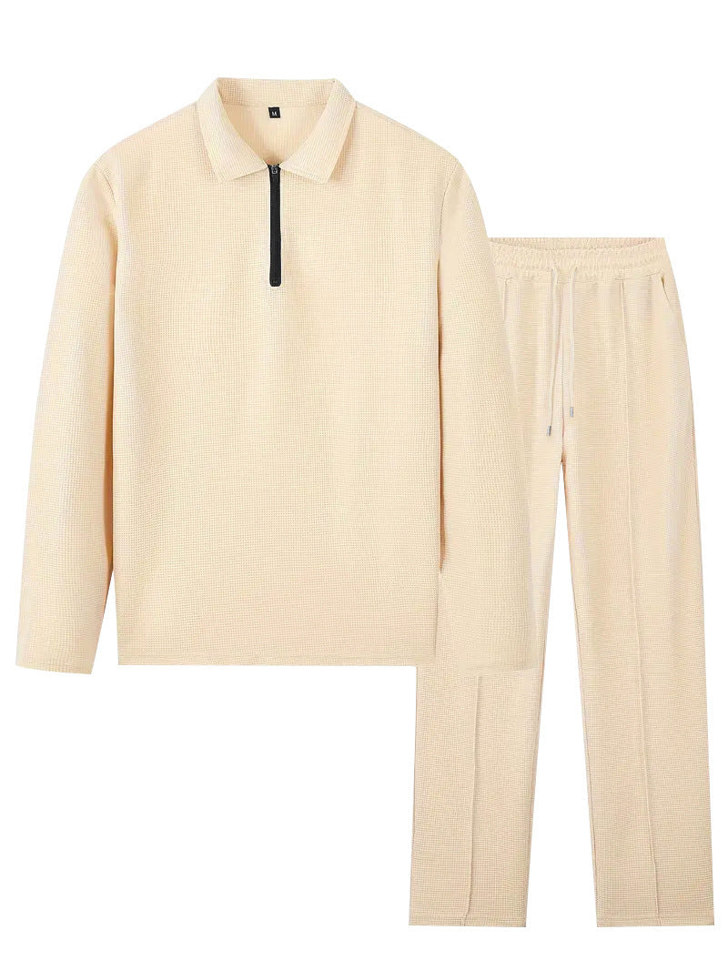 Unisex nan Vaffelstruktur Fritids-sæt med Halvzip-Polo-shirt og elastisk Bundbukser Skovae