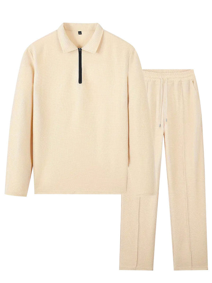 Unisex nan Vaffelstruktur Fritids-sæt med Halvzip-Polo-shirt og elastisk Bundbukser Skovae