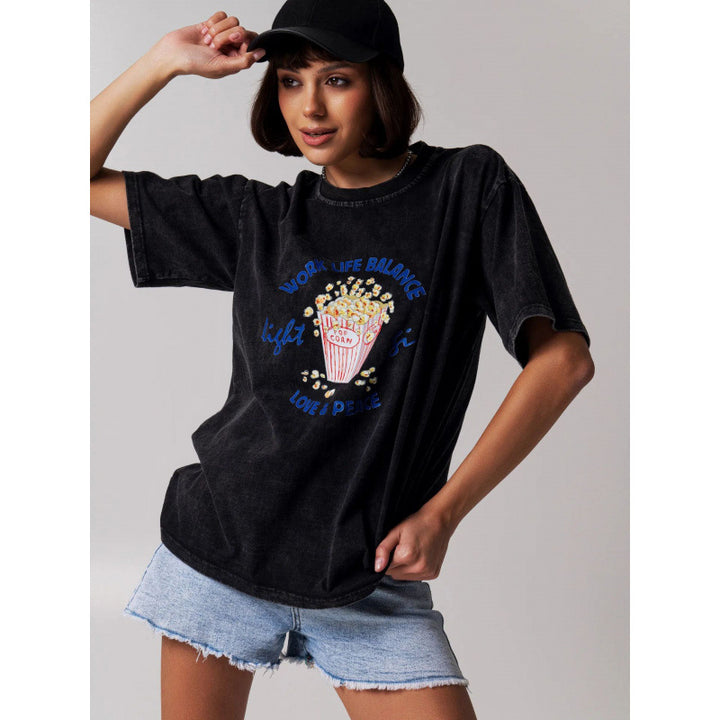 Dame T-shirt med grafisk popcorn-motiv og afslappet pasform Stilla