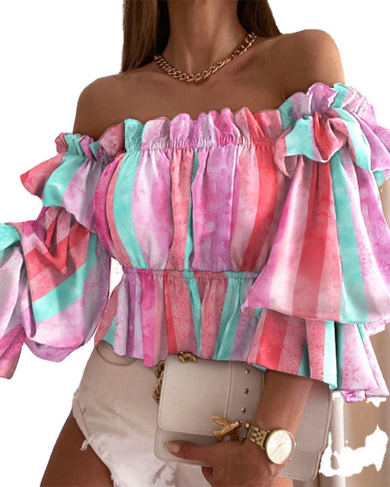 Dame Off-Shoulder Bluse med voluminøse ærmer og blomster mønster Stilla