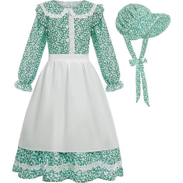 Dame Vintage Blomsterkjole med Forklæde og Hætte Stilla