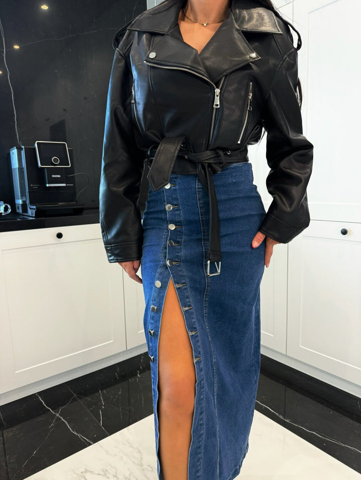 Dame Denim-Midiro skirt med siden knapdetaljer og høj slids Stilla