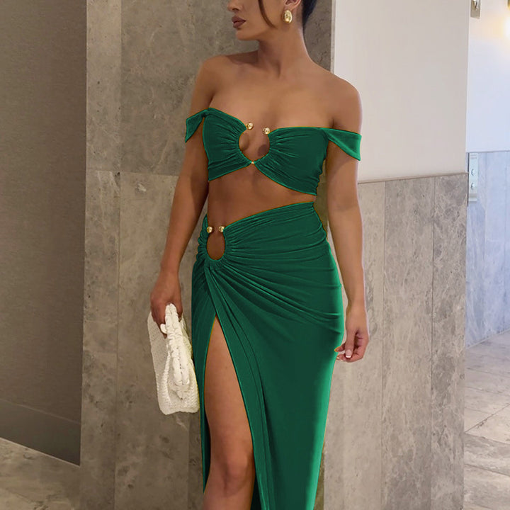 Dame elegant wrapkjole med off-shoulder design og fantastisk splitt Stilla