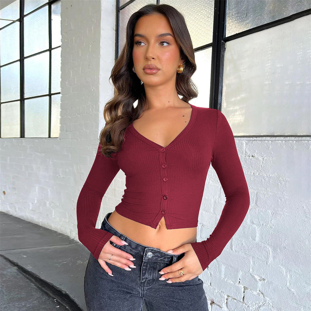 Dame cropped rib-top med knaplukning og dyb V-hals Stilla