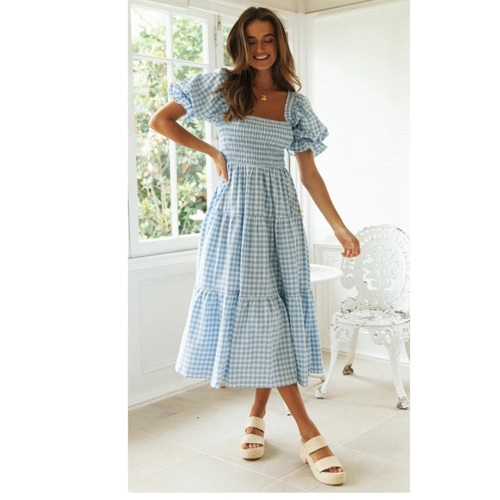 Dame Stufen-Gingham Midi Kjole med Puffærmer Stilla