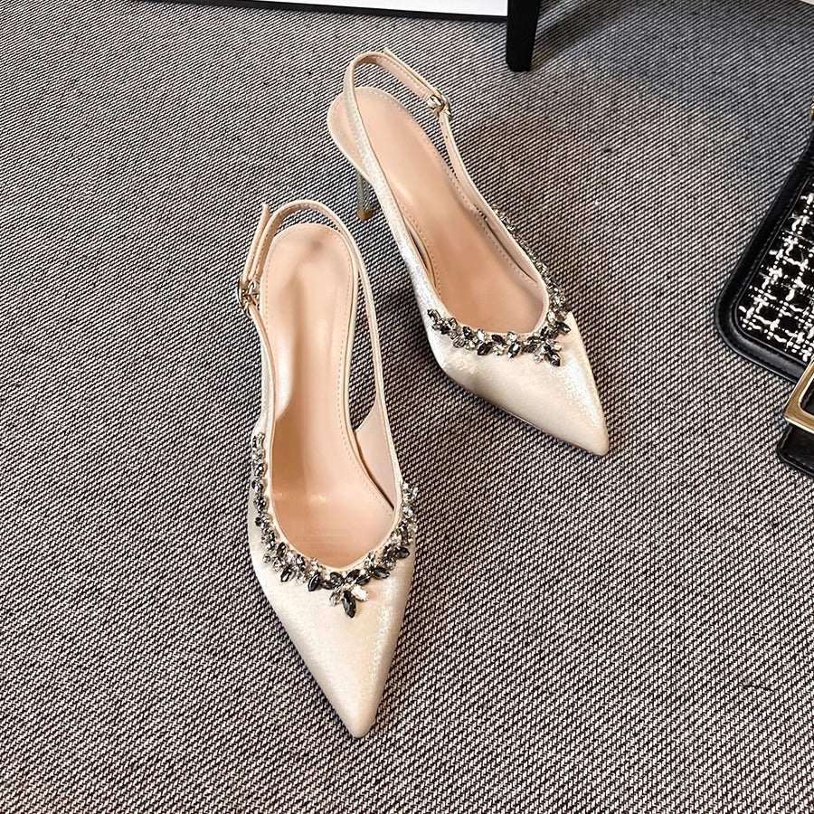 Dame Elegante Spids- tå Slingback Pumps med Krystaldekorationer Stilla