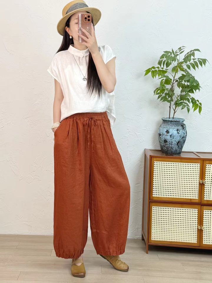Dame Casual Højtaljede Linned-Culottes med elastiske Ankelslutninger Stilla