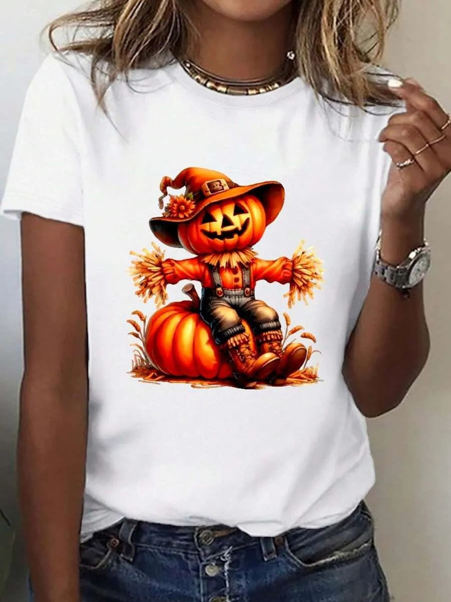 Dame T-shirt med stilfuldt græskar-motiv og spændende dyreprint Skovae