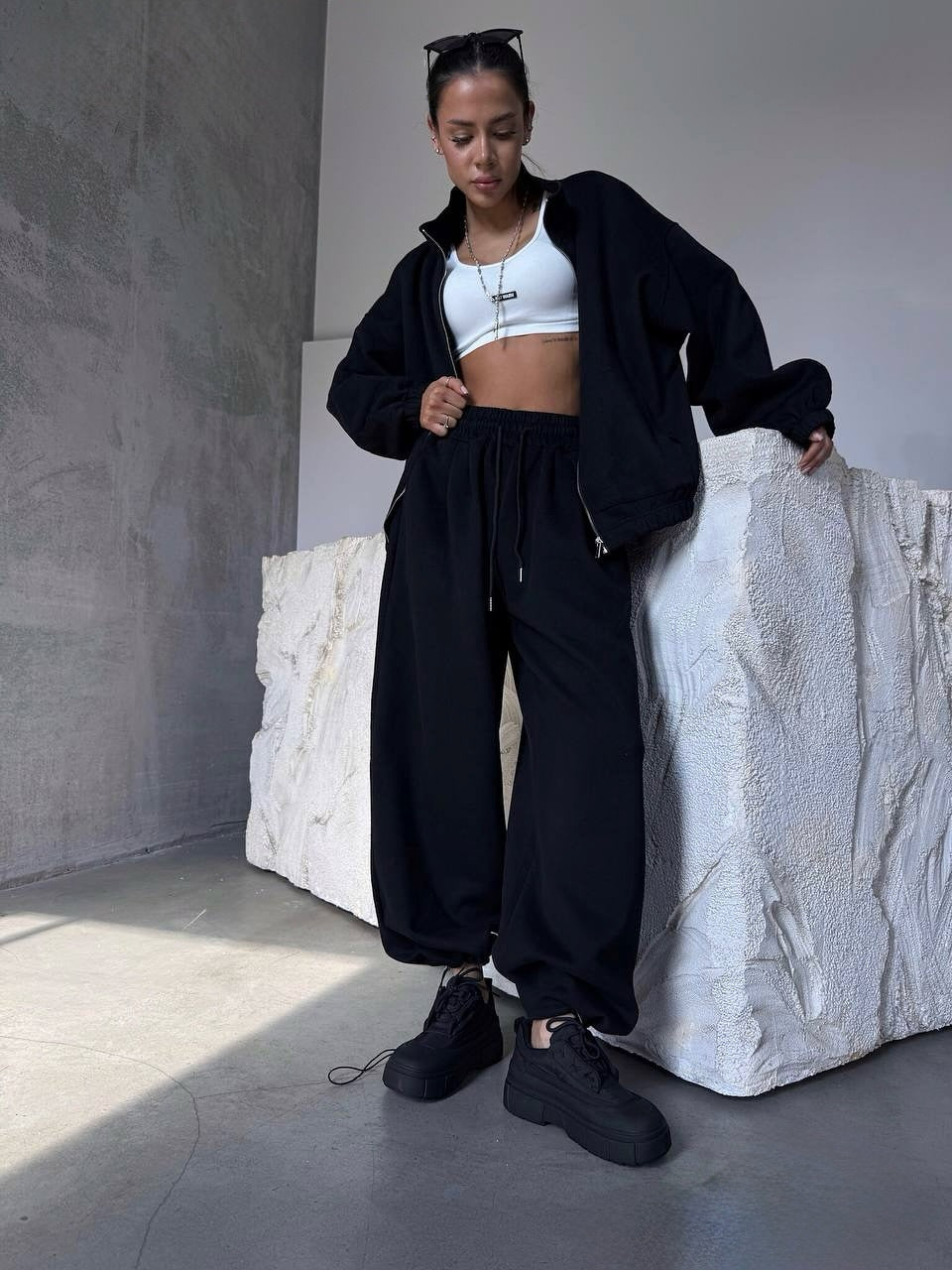 Dame afslappet fritidssæt med oversized jakke og bred talje Stilla
