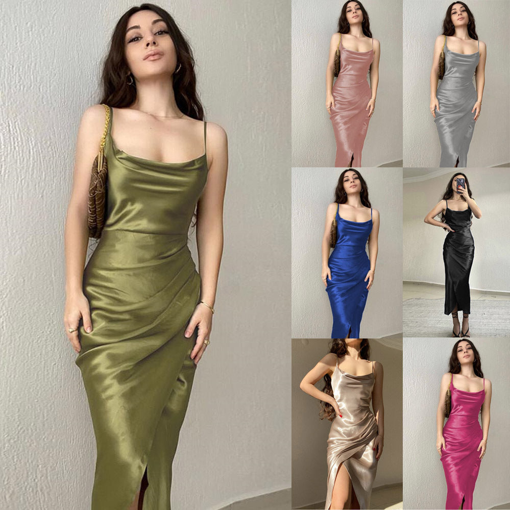 Dame Satin Midi Kjole med off-shoulder hals og sidelæg Stilla