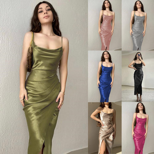 Dame Satin Midi Kjole med off-shoulder hals og sidelæg Stilla