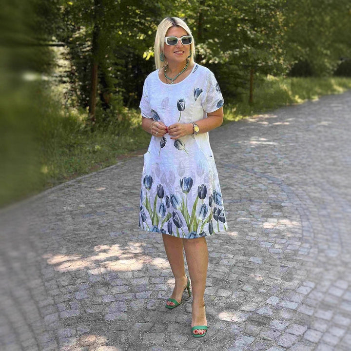Dame Kortærmet Blomster Mønster A-Linje Kjole Stilla