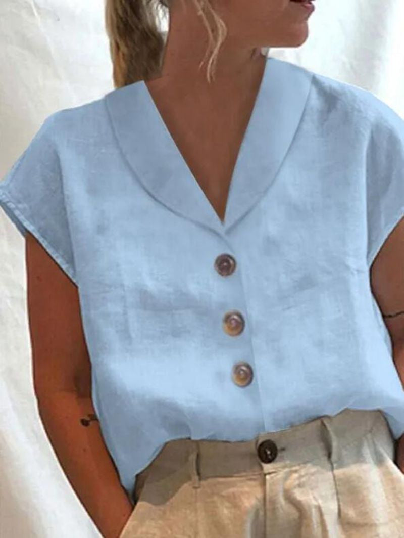 Dame let linned top med elegant knaplukning Stilla