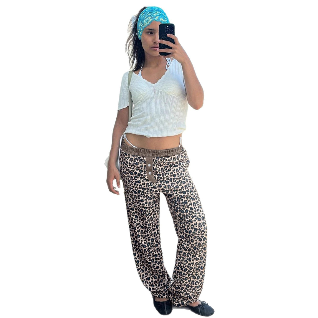 Dame casual Palazzo-bukser med leopardmønster og elastisk talje Skovae