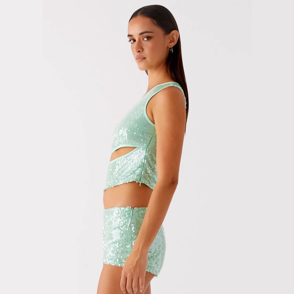 Kvinder glansfuld top og shorts sæt Skovae