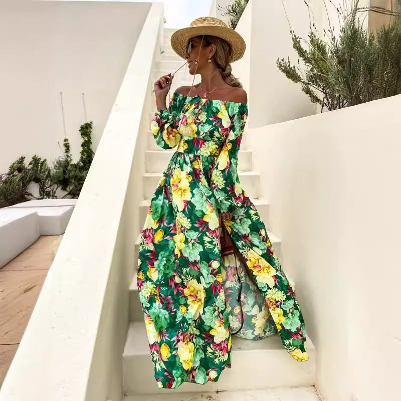 Dame Off-Shoulder Blomster Maxi Kjole med elegante Flæsedetaljer Stilla
