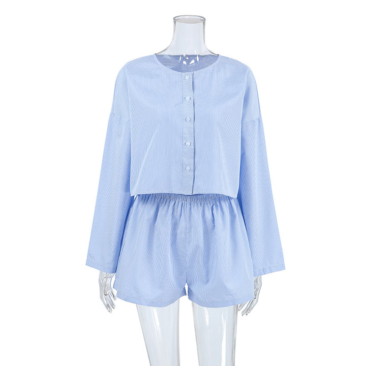 Dame Korte Ærme Button-Up Sæt med Løs Pasform og Elastisk Talje Stilla