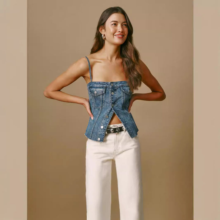 Femme Struktureret Denim Korset Top Stilla