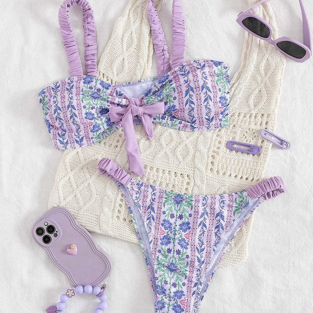Dame Bandeau-bikini med blomsterdesign og legesyge flæser Skovae