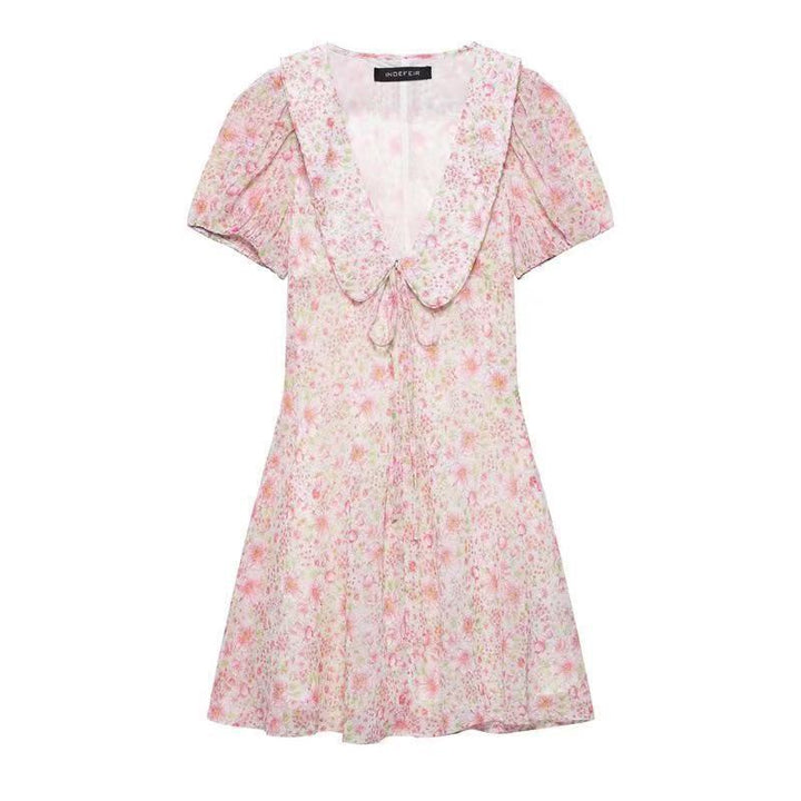 Dame Floral Print Mini Kjole med Rynkede Ærmer Stilla